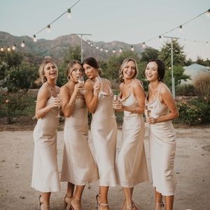 Show Me Your Mumu Verona Cowl Midi Dress in Champagne Luxe Satin